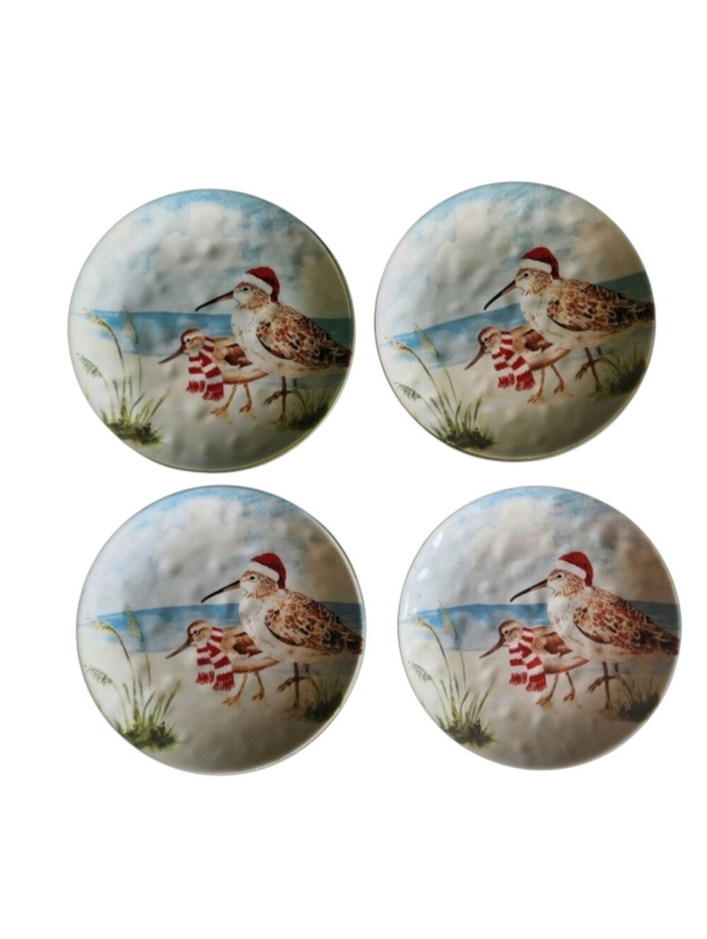 (4) Pier 1 Imports Sandpipers On Beach Christmas Plates Hand Painted Birds 8.5"